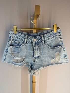 Stonewash Light Blue Distressed Denim Cutoff Micro Mini Jean Shorts - XS Petite